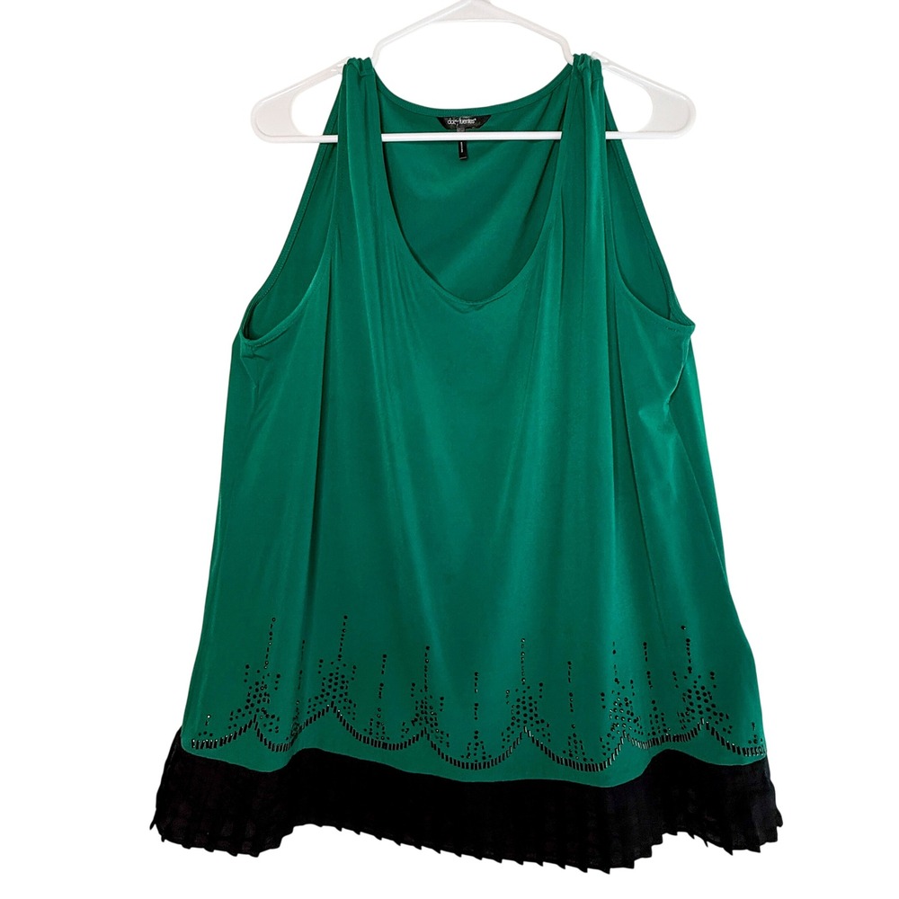 Daisy Fuentes XL Green Tank Top Rhinestone Embellished Black Ruffle Y2K Glam
